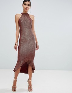 Асимметричное платье с халтером и кружевом AX Paris - Золотой