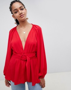 Топ с глубоким вырезом, рукавами-кимоно и поясом ASOS DESIGN - Красный