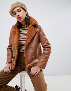 Двубортное пальто из искусственной овчины Side Party Mina - Коричневый