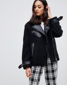 Черная байкерская куртка из искусственного меха Miss Selfridge - Черный