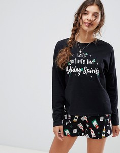 Новогодний пижамный комплект из шортов и лонгслива с надписью Lets get into the christmas sprits ASOS DESIGN - Черный