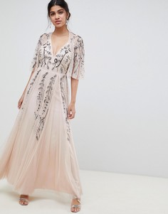 Платье макси с кейпом и цветочной отделкой ASOS DESIGN - Бежевый