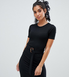 Черное платье миди в рубчик с пряжкой New Look Petite - Черный