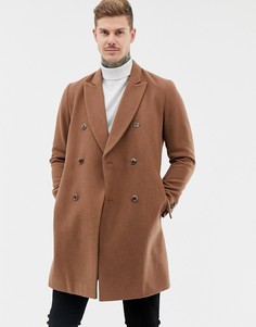 Двубортное пальто темного верблюжьего цвета с добавлением шерсти ASOS DESIGN - Рыжий