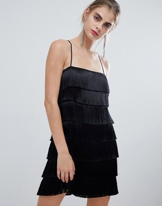 Многоярусное платье мини с бахромой Bershka - Черный