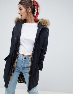Парка с подкладкой из искусственного меха с леопардовым принтом ASOS DESIGN - Черный