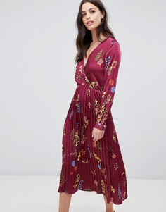 Атласное платье миди с плиссированной юбкой и цветочным принтом Liquorish - Красный