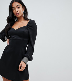 Платье мини с вырезом сердечком и отделкой на манжетах ASOS DESIGN Petite - Черный