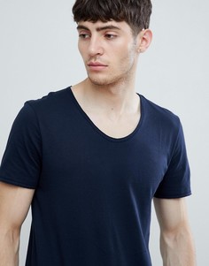 Темно-синяя футболка с глубоким вырезом и необработанным краем Tom Tailor - Темно-синий