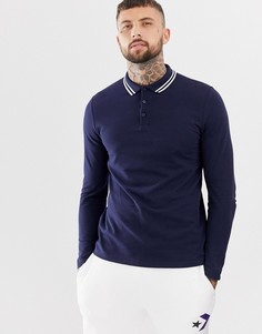 Темно-синяя футболка-поло из пике с длинными рукавами и окантовкой ASOS DESIGN - Темно-синий
