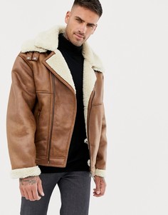 Светло-коричневая байкерская куртка с подкладкой из искусственного меха River Island - Рыжий