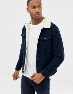 Темно-синяя вельветовая куртка с подкладкой из искусственного меха Pull&Bear - Темно-синий
