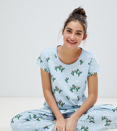 Синий трикотажный пижамный комплект с кактусами Monki xmas - Синий