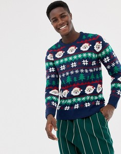 Темно-синий джемпер с новогодним узором Pull&Bear - Темно-синий