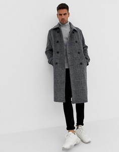 Серое шерстяное oversize-пальто в клетку Bershka - Серый