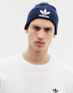 Темно-синяя шапка-бини с логотипом-трилистником adidas Originals BK7639 - Синий