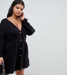 Свободное платье с длинными рукавами, пуговицами и вставкой на талии ASOS DESIGN Curve - Черный