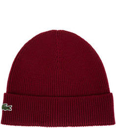 Шерстяная бордовая шапка мелкой вязки Lacoste