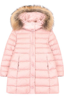 Пуховое пальто на молнии с капюшоном и меховой отделкой Moncler Enfant