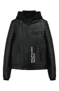 Кожаная куртка с молнией и капюшоном Philipp Plein