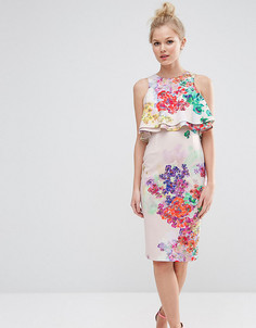 Платье-футляр с двойным укороченным топом и цветочным принтом ASOS PETITE - Мульти