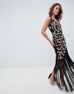 A Star Is Born embellished wrap front midi dress with asymmetric hem in black and rose gold - Мульти