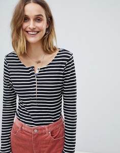 Maison Scotch Club Nomade Striped Long Sleeved Grandad T-Shirt - Черный
