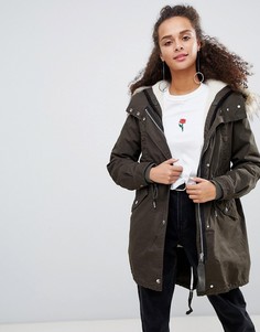 Bershka hooded parka coat in khaki - Синий