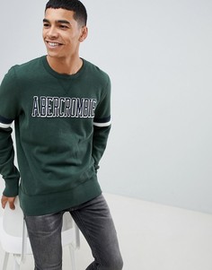 Abercrombie & Fitch core logo print crew neck sweatshirt sleeve band print in green - Зеленый