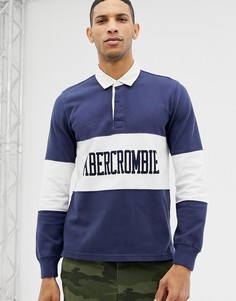 Abercrombie & Fitch logo chest panel long sleeve rugby polo in navy - Темно-синий