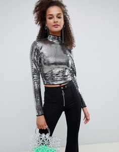 Лонгслив с высоким воротом и зеркальным дизайном Bershka - Серебряный