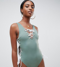 Слитный купальник цвета хаки со шнуровкой спереди и сбоку ASOS DESIGN tall - Зеленый