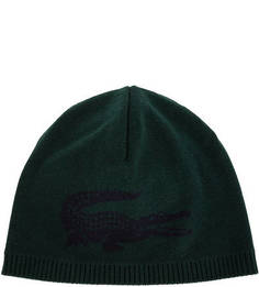Зеленая шерстяная шапка мелкой вязки Lacoste