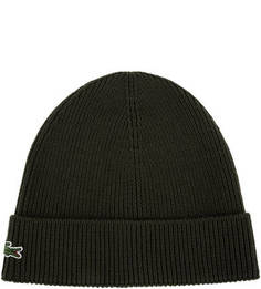 Шерстяная шапка цвета хаки мелкой вязки Lacoste