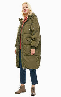 Удлиненный пуховик цвета хаки с капюшоном Ichi
