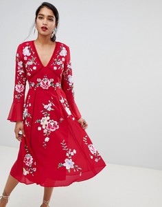 Платье миди с вышивкой и кружевом ASOS DESIGN - Красный