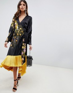 Платье-кимоно миди с бахромой и вышивкой ASOS DESIGN - Черный