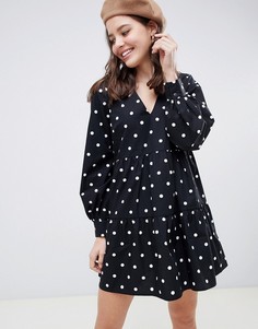 Свободное хлопковое платье мини в горошек с длинными рукавами ASOS DESIGN - Мульти