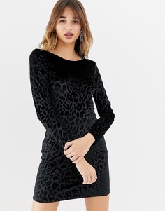 Бархатное платье с длинными рукавами и леопардовым принтом Stradivarius - Черный