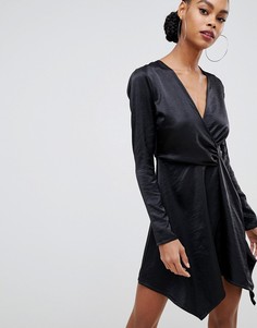 Черное атласное платье миди с запахом Boohoo - Синий