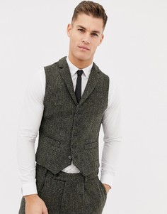 Приталенный жилет из 100% шерстяного твида Харрис цвета хаки в клетку ASOS DESIGN - Зеленый