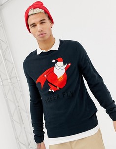Новогодний вязаный джемпер Jack & Jones Originals Super Fly Santa - Темно-синий