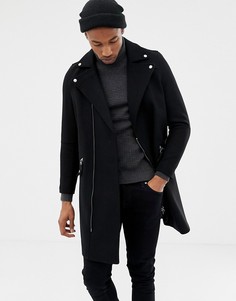 Черное полушерстяное пальто в байкерском стиле ASOS DESIGN - Черный