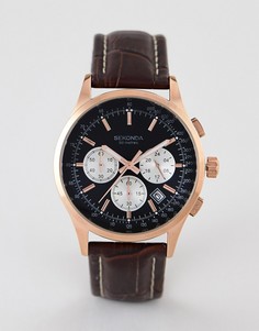 Sekonda 3413 chronograph watch with black dial and brown leather strap - Коричневый