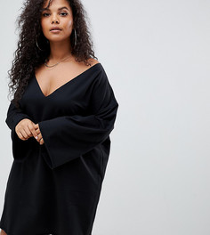 Трикотажное платье с V-образным вырезом и необработанными краями ASOS DESIGN Curve - Черный