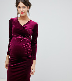 Бордовое бархатное платье с глубоким вырезом и длинными рукавами Bluebelle Maternity - Красный