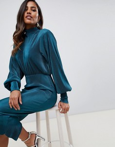 Платье миди с открытой спиной, плиссировкой и высоким воротом ASOS DESIGN - Зеленый