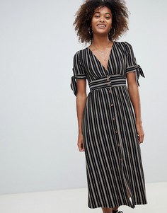 Темно-синее платье миди в полоску на пуговицах Pull&Bear - Мульти