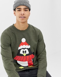 Новогодний трикотажный джемпер с пингвином Jack and Jones - Зеленый
