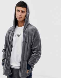 Серый велюровый худи на молнии с логотипом Emporio Armani - Серый